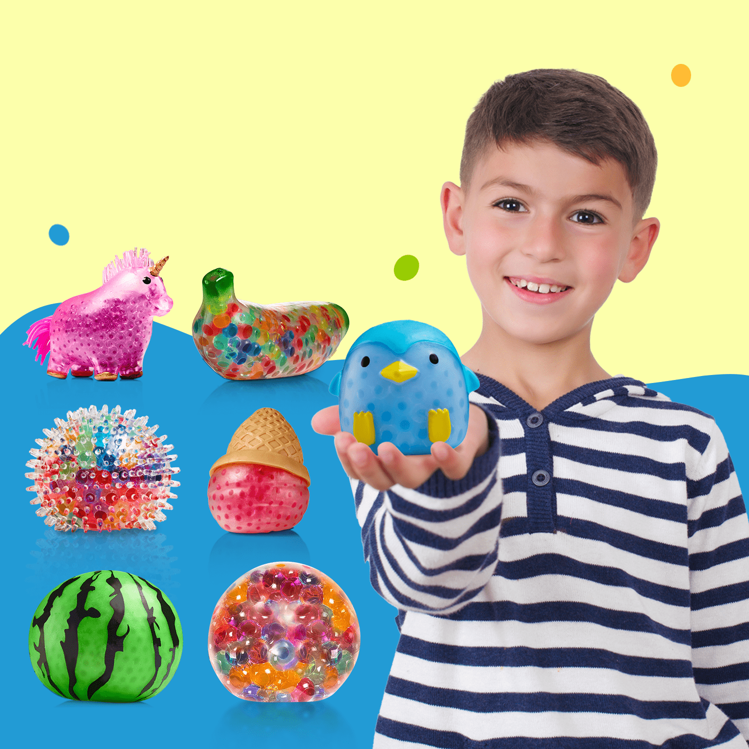 An adorable boy holds a Beadezz, an animal-shaped squishy children's toy filled with water beads