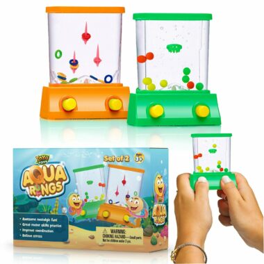 A person playing Aqua Rings, a classic handheld water toy game with rings, that comes in orange and green colors