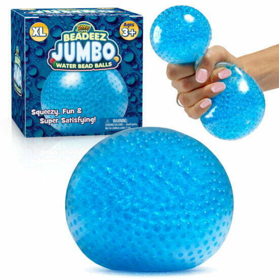 A blue Beadeez Jumbo squishy ball, accompanied by its packaging. A hand is also seen squeezing the squishy ball.