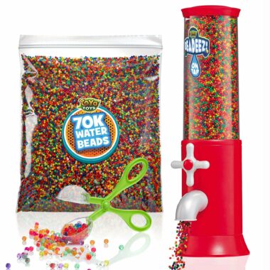 A bag of 70,000 water beads for stress balls, next to a water bead dispenser and a water bead scooper.