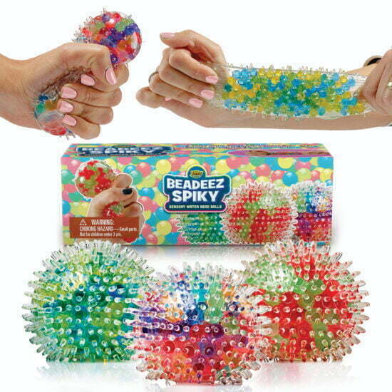 Thre spiky and squishy stress ball toys in different colors with the packaging and hands squeezing other stress balls.