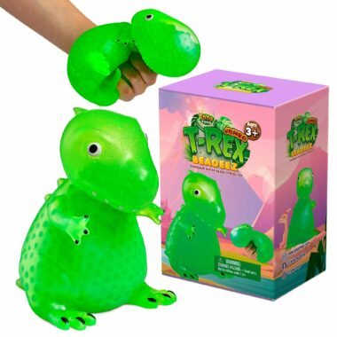A green jumbo squishy T-rex toy with the packaging next to it, with a hand squeezing on another T-rex toy.