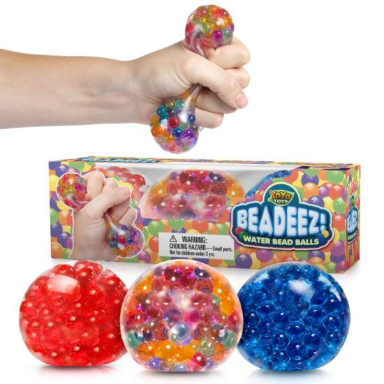 A person squeezing the Beadezz, a transparent, squishy stress ball that comes in red, blue, and multicolored beads