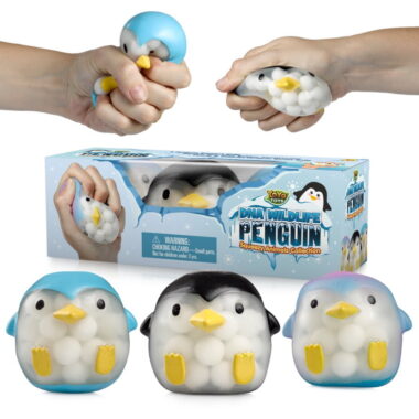 Three penguin stress balls in different colors with the packaging in the back and two hands squeezing on the stress balls.