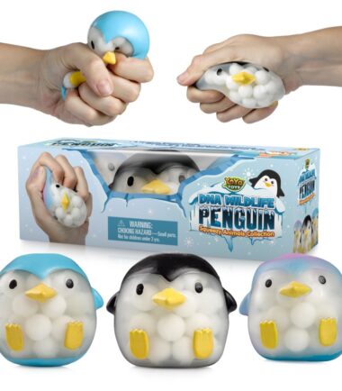 Three penguin stress balls in different colors with the packaging in the back and two hands squeezing on the stress balls.