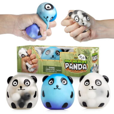 Three Panda DNA stress ball toys in clear, blue, and white, with the packaging and 2 hands squeezing on two other balls.