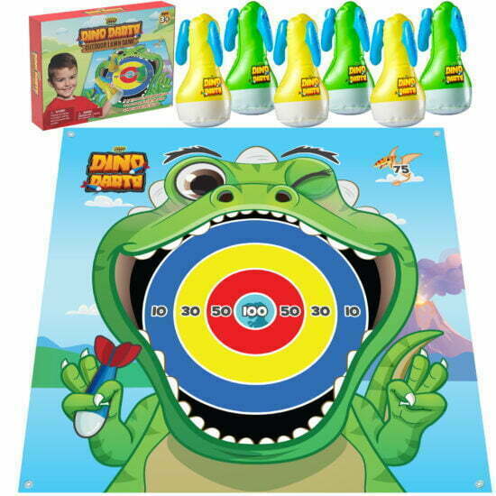 The dinosaur dart board with six dino darts and their packaging.