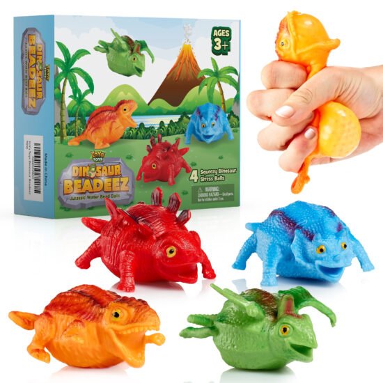 Four dinosaur stress balls in red, blue, green, and orange. The packaging of the squishy toys is in the back.