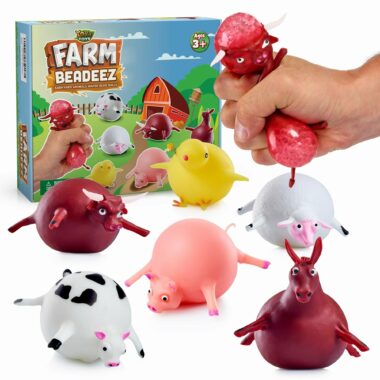 Stress balls shaped like farm animals. A bull, cow, pig, chick, sheep, and horse with the Farm Beadeez packaging in the back.