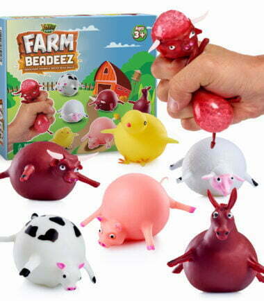 Stress balls shaped like farm animals. A bull, cow, pig, chick, sheep, and horse with the Farm Beadeez packaging in the back.