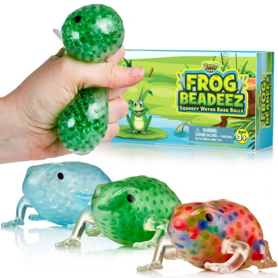 Three Frog Beadeez stress ball toys in blue, green & rainbow colors with their packaging. A hand is squeezing one of them.