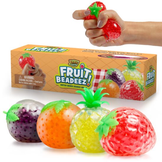 Four Fruit Beadeez in violet, orange, yellow, and red. Their packaging is at the back, and a hand is squeezing a Fruit Beadeez.