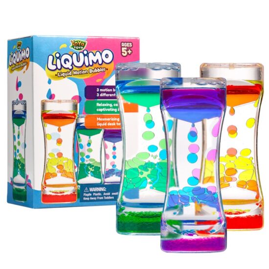 Three Liquimo liquid motion bubbler sensory toys in green, violet, and orange colors, accompanied by their packaging.