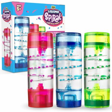Three Liquimo Spiral toys next to each other in pink, blue, and green with their packaging at the back.
