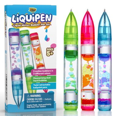 A box of Liquipen Liquid Motion Bubbler Pen Set is next to three individual Liquipens in the colors green, red, and blue.