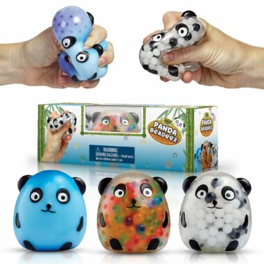 Three panda stress balls in blue, rainbow & white. The box is at the back with two hands squeezing on two panda balls on top.