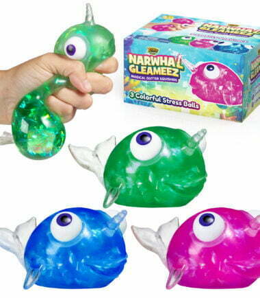 Three narwhal stress balls in green, blue, and pink with the packaging in the back and a hand squeezing on a stress ball.