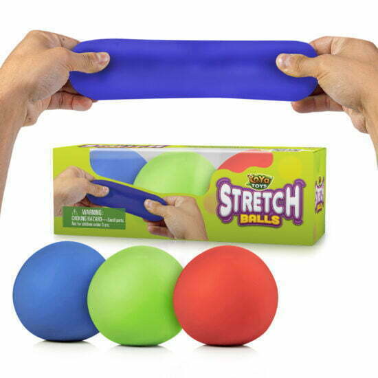 Three Pull, Stretch & Squeeze Ball Toy in vibrant orange, green, and blue colors, accompanied by their packaging.