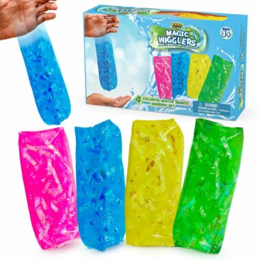 The Magic Wigglers is a colorful water snake fidget toy. A box is also visible as a presentation of the toy's packaging.