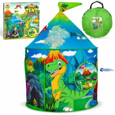 The colorful Dino Tent with pictures of dinosaurs on it, a tent bag at the top right, and its packaging on the top left.